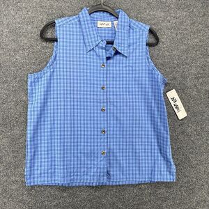 Krazy Kat Shirt Womens L Blue Plaid Button Up Sleeveless Western Casual Farm